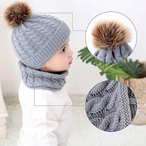 CheChury Conjunto de Bufanda y Gorro de Punto Unisex Niños Niñas Invierno cálido Punto Beanie Gorros con Pompon Bufanda de Punto Cuello Redondo Bebé