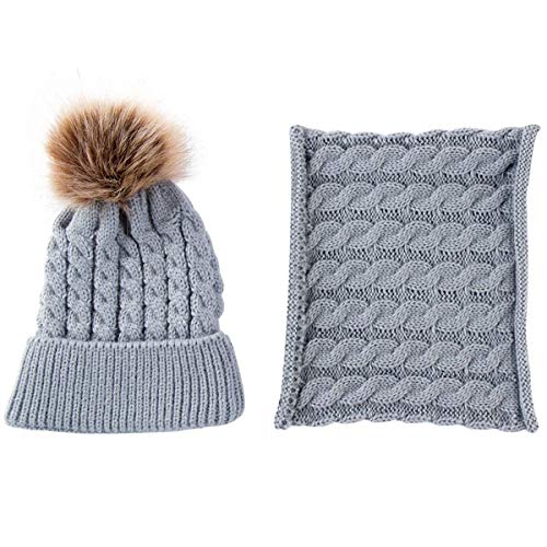 CheChury Conjunto de Bufanda y Gorro de Punto Unisex Niños Niñas Invierno cálido Punto Beanie Gorros con Pompon Bufanda de Punto Cuello Redondo Bebé