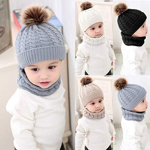 CheChury Conjunto de Bufanda y Gorro de Punto Unisex Niños Niñas Invierno cálido Punto Beanie Gorros con Pompon Bufanda de Punto Cuello Redondo Bebé