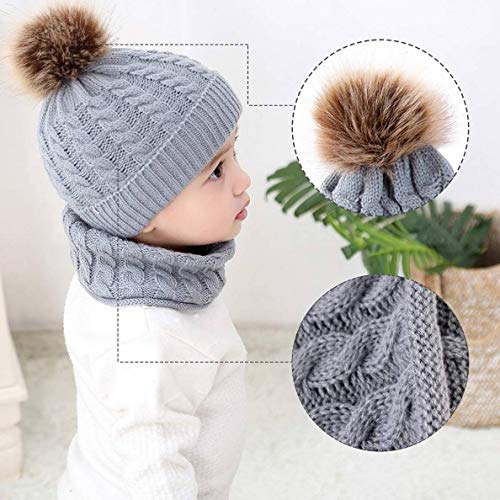 CheChury Niños Sombrero y Bufanda Conjunto Unisex Niños Niñas Invierno Bebe Gorros con Pompon Y Bufanda de Punto Cuello Redondo para 0-24 Meses Niña Niño