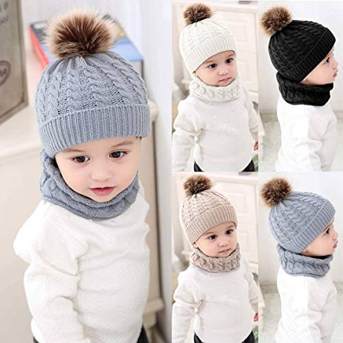 CheChury Niños Sombrero y Bufanda Conjunto Unisex Niños Niñas Invierno Bebe Gorros con Pompon Y Bufanda de Punto Cuello Redondo para 0-24 Meses Niña Niño