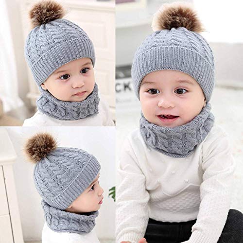 CheChury Niños Sombrero y Bufanda Conjunto Unisex Niños Niñas Invierno Bebe Gorros con Pompon Y Bufanda de Punto Cuello Redondo para 0-24 Meses Niña Niño