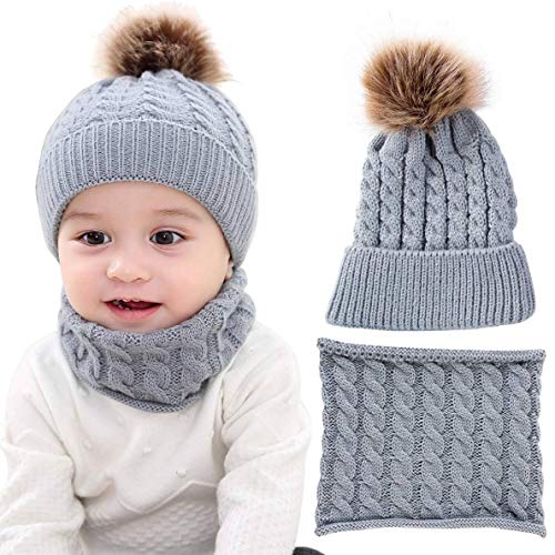 CheChury Niños Sombrero y Bufanda Conjunto Unisex Niños Niñas Invierno Bebe Gorros con Pompon Y Bufanda de Punto Cuello Redondo para 0-24 Meses Niña Niño