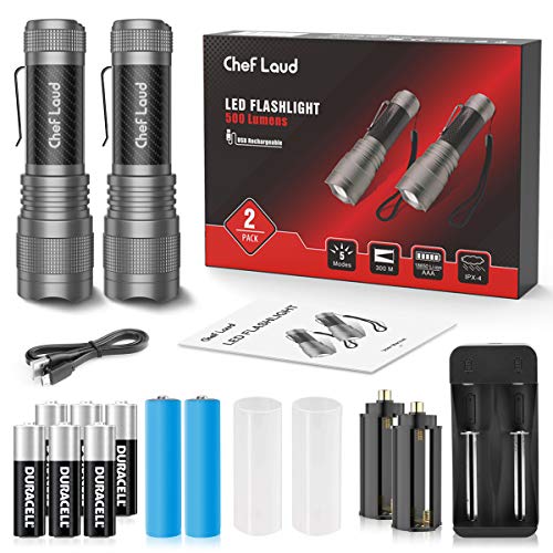 Cheflaud Linterna LED,linternas led alta Potente Recargables con 2 x 18650 Pilas, Cargador,6 AAA Pilas T6 Llinterna portátil Impermeable 5 Modos para Viajes,campamentos,talleres,hogar,etc Cheflaud Linterna LED,linternas led alta Potente Recargables con 2 x 18650 Pilas, Cargador,6 AAA Pilas T6 Llinterna portátil Impermeable 5 Modos para Viajes,campamentos,talleres,hogar,etc