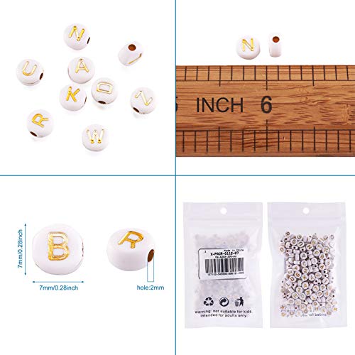 Cheriswelry 200 cuentas acrílicas de oro blanco del alfabeto de 7 mm de disco redondo plano de moneda A-Z, cuentas espaciadoras para joyería y pulseras