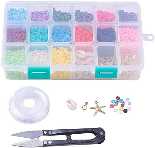 Cheriswelry 5700pcs Kits de cuentas de arcilla polimérica redondas planas de 4 mm con 15 colores Disco Heishi Beads Starfish Charms Cowrie Shell Beads Hilo de abalorios para hacer joyas