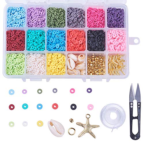 Cheriswelry 5700pcs Kits de cuentas de arcilla polimérica redondas planas de 4 mm con 15 colores Disco Heishi Beads Starfish Charms Cowrie Shell Beads Hilo de abalorios para hacer joyas