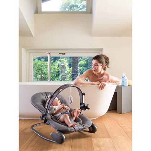 Chicco Hoopla - Hamaca con arco de juegos, sistema balancín y reductor, de 0 a 18 kg, color gris vaquero (Titanium)