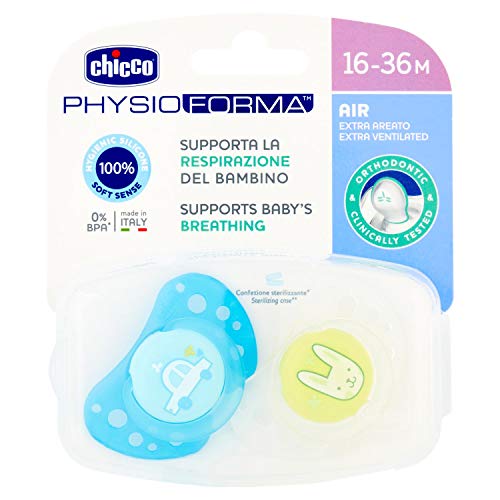 Chicco Physio Air - Pack de 2 chupetes de silicona para 16 - 36 meses, modelos aleatorios, color azul Chicco Physio Air - Pack de 2 chupetes de silicona para 16 - 36 meses, modelos aleatorios, color azul