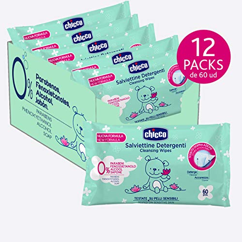 Chicco Toallitas 12 Packs de 60 unidades con 720 toallitas Natural Sensation - Limpian e hidratan la piel del bebé, Sin alcohol ni jabón, Flor de Loto