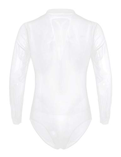 CHICTRY Maillot de Danza Hombre Ballet Rumba Tanga Latino Camiseta Leotardo de Patinaje Manga Largo Cuello en V Satén Traje de Competencia Blanco Large