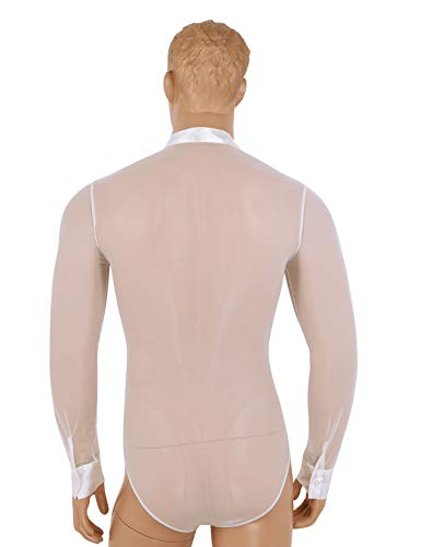 CHICTRY Maillot de Danza Hombre Ballet Rumba Tanga Latino Camiseta Leotardo de Patinaje Manga Largo Cuello en V Satén Traje de Competencia Blanco Large