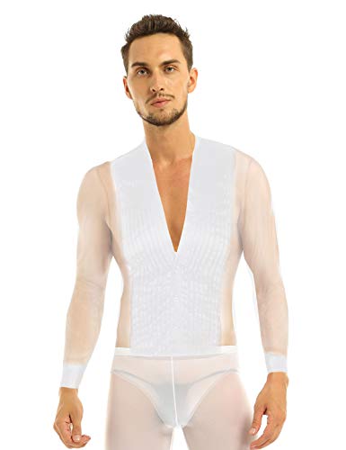 CHICTRY Maillot de Danza Hombre Ballet Rumba Tanga Latino Camiseta Leotardo de Patinaje Manga Largo Cuello en V Satén Traje de Competencia Blanco Large