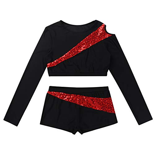 CHICTRY Maillot de Patinaje Artistico Danza Ballet Gimnasia Lentejuelas Brillantes Leotardo Elástico Ballet Baile Crop Tops Manga Larga con Pantalones Cortos para Mujer Chica Rojo Small