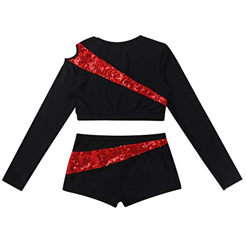 CHICTRY Maillot de Patinaje Artistico Danza Ballet Gimnasia Lentejuelas Brillantes Leotardo Elástico Ballet Baile Crop Tops Manga Larga con Pantalones Cortos para Mujer Chica Rojo Small