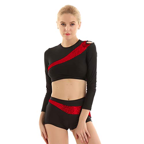 CHICTRY Maillot de Patinaje Artistico Danza Ballet Gimnasia Lentejuelas Brillantes Leotardo Elástico Ballet Baile Crop Tops Manga Larga con Pantalones Cortos para Mujer Chica Rojo Small