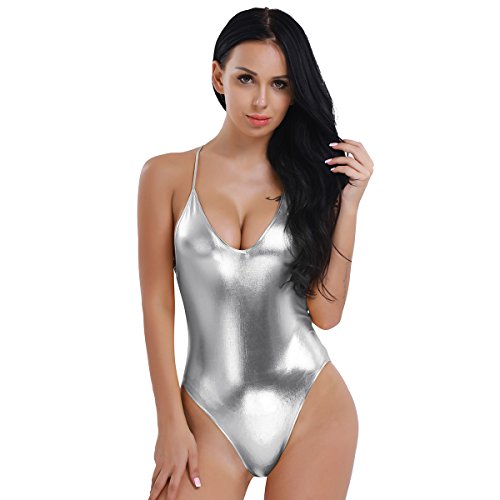 CHICTRY Mujer Maillot Danza Ballet Charol Brillante Leotardo Body Clásico Gimnasia sin Mangas Maillot de Tirantes Baile para Mujer Adultos Plateado M