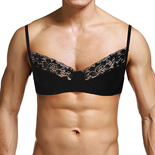 CHICTRY Ropa Interior para Hombre Sexy Lencería de Encaje Tops Bra Sujetador Push Up con Correa Hombro Ajustable Pijamas para Hombre Negro/Rosa Negro Large