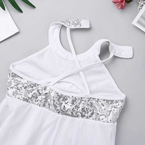 CHICTRY Vestido de Danza Ballet con Lentejuelas Maillot Ballet Cuello Halter Vestido Plisado de Malla Leotardo Gimnasia con Bragas Interior para Niñas Chicas Actuación Blanco 14 años