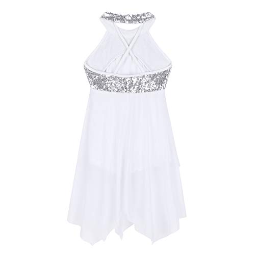 CHICTRY Vestido de Danza Ballet con Lentejuelas Maillot Ballet Cuello Halter Vestido Plisado de Malla Leotardo Gimnasia con Bragas Interior para Niñas Chicas Actuación Blanco 14 años