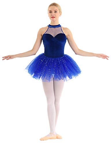 CHICTRY Vestido Tutú de Ballet Mujer Disfraz Bailarina Adultas Vestido Lentejuelas Sin Mangas Chicas Falda Tul para Actuación Danza Azul Small