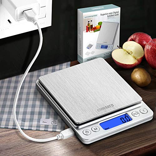 CHWARES Báscula de cocina digital con carga USB, báscula digital de 0.1g/3 kg, Báscula electrónica fina, función PSC/Tara,Báscula Digital para Cocina con Carga USB,Balanza de Alimentos Alta Precisión