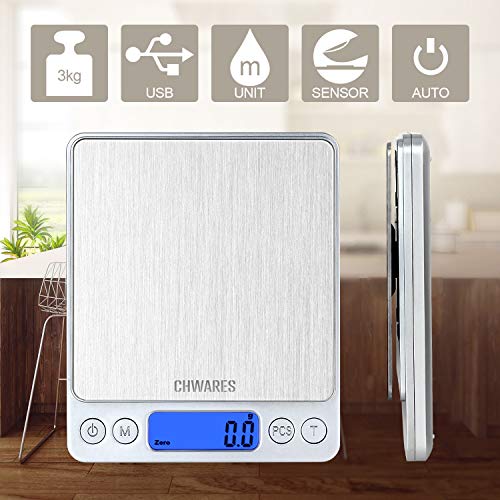 CHWARES Báscula de cocina digital con carga USB, báscula digital de 0.1g/3 kg, Báscula electrónica fina, función PSC/Tara,Báscula Digital para Cocina con Carga USB,Balanza de Alimentos Alta Precisión CHWARES Báscula de cocina digital con carga USB, báscula digital de 0.1g/3 kg, Báscula electrónica fina, función PSC/Tara,Báscula Digital para Cocina con Carga USB,Balanza de Alimentos Alta Precisión