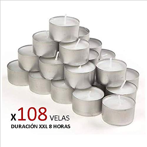 Cia&Co Pack 108 Velas de té XXL Larga Duración 8 Horas. Vela Blanca sin Aroma de Parafina. Ideal Hosteleria