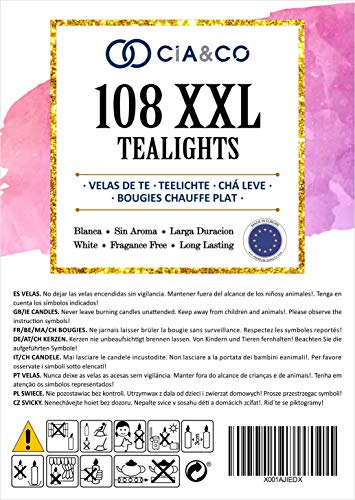 Cia&Co Pack 108 Velas de té XXL Larga Duración 8 Horas. Vela Blanca sin Aroma de Parafina. Ideal Hosteleria Cia&Co Pack 108 Velas de té XXL Larga Duración 8 Horas. Vela Blanca sin Aroma de Parafina. Ideal Hosteleria