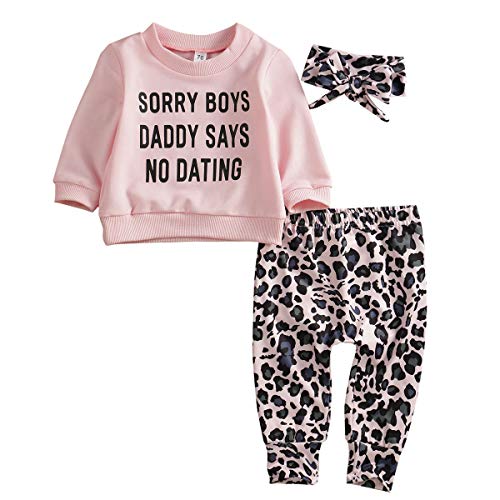 CiKiXZ Conjunto de ropa de bebé para niña, 3 piezas, blusa de manga larga, camiseta con estampado de leopardo, pantalones largos para 0-2 años Rosa. 0-6 Meses