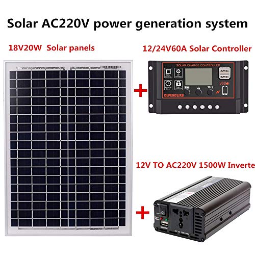 Cikuso 18V20W Panel Solar 12V / 24V Controlador 1500W Kit Inversor Ac220V, Adecuado para Sistemas De Generación De Energía De Ahorro De Energía Solar Al Aire Libre Y En Casa Ac220V, 60A