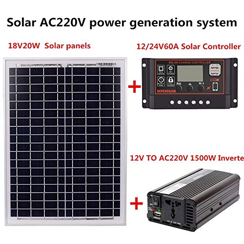 Cikuso 18V20W Panel Solar 12V / 24V Controlador 1500W Kit Inversor Ac220V, Adecuado para Sistemas De Generación De Energía De Ahorro De Energía Solar Al Aire Libre Y En Casa Ac220V, 60A Cikuso 18V20W Panel Solar 12V / 24V Controlador 1500W Kit Inversor Ac220V, Adecuado para Sistemas De Generación De Energía De Ahorro De Energía Solar Al Aire Libre Y En Casa Ac220V, 60A