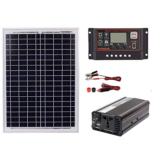 Cikuso 18V20W Panel Solar 12V / 24V Controlador 1500W Kit Inversor Ac220V, Adecuado para Sistemas De Generación De Energía De Ahorro De Energía Solar Al Aire Libre Y En Casa Ac220V, 60A