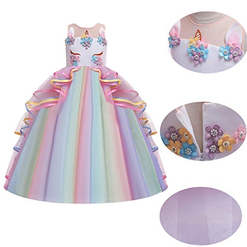 CinheyU Niñas Disfraz de Carnaval Sin Mangas Vestido de Unicornio Princesa Cumpleaños Boda Fiesta de Cosplay para Chicas Navidad Bautizo Comunión Flor Vestidos de Baile con Diadema Arcoiris 4-5