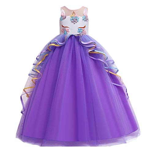 CinheyU Niñas Disfraz de Carnaval Sin Mangas Vestido de Unicornio Princesa Cumpleaños Boda Fiesta de Cosplay para Chicas Navidad Bautizo Comunión Flor Vestidos de Baile con Diadema Morado 4-5