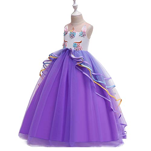 CinheyU Niñas Disfraz de Carnaval Sin Mangas Vestido de Unicornio Princesa Cumpleaños Boda Fiesta de Cosplay para Chicas Navidad Bautizo Comunión Flor Vestidos de Baile con Diadema Morado 4-5