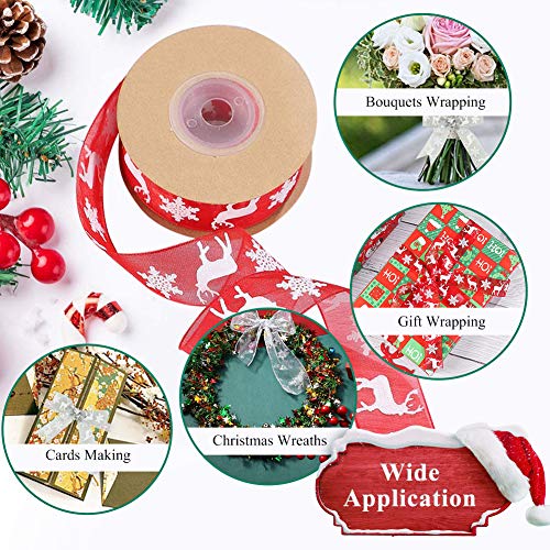 Cinta de Organza Navidad, 2 Rollos Cintas de Raso Navideña Gris Rojo Cintas de Navidad 25 mm con Copo de Nieve Alce, 20 M/22 yardas Cinta Organza para Envolver Regalos/Lazo/Tarjetas/árbol de Navidad