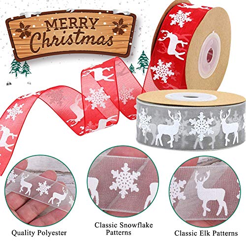 Cinta de Organza Navidad, 2 Rollos Cintas de Raso Navideña Gris Rojo Cintas de Navidad 25 mm con Copo de Nieve Alce, 20 M/22 yardas Cinta Organza para Envolver Regalos/Lazo/Tarjetas/árbol de Navidad