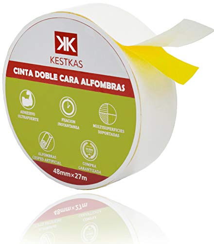 Cinta Doble Cara Extrafuerte para Alfombras - Moquetas - Césped Artificial - Cristal - Madera Barnizada - Plástico Liso - Poliestireno - Espuma Acústica - 48mm x 27m Cinta Doble Cara Extrafuerte para Alfombras - Moquetas - Césped Artificial - Cristal - Madera Barnizada - Plástico Liso - Poliestireno - Espuma Acústica - 48mm x 27m
