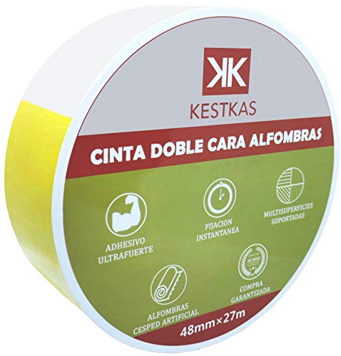 Cinta Doble Cara Extrafuerte para Alfombras - Moquetas - Césped Artificial - Cristal - Madera Barnizada - Plástico Liso - Poliestireno - Espuma Acústica - 48mm x 27m