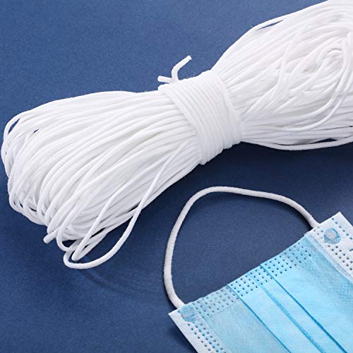 Cinta Elástica 150 m/ 164 Yardas x 3 mm Banda Elástica Desechable Correa de Orejas Cuerdas de Accesorios de DIY Ropa Cuerda Redonda Blanca para Costura y Manualidades