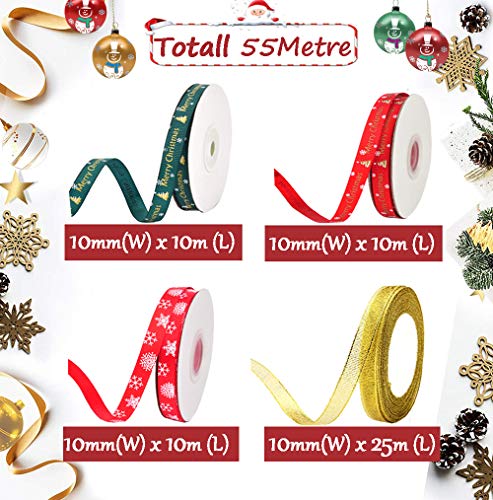 Cinta Navidad,4 Estilos Cinta de Navidad de Tela para Envolver Regalos,Total 55m Cintas de Grogrén Navideñas con Patrón de Copo de Nieve/árbol Rojo Verde Dorado