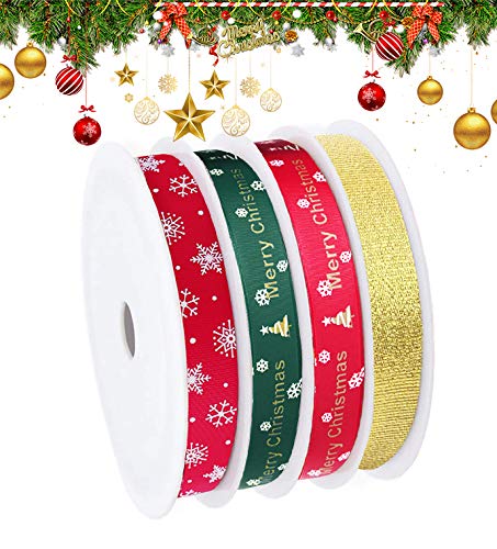 Cinta Navidad,4 Estilos Cinta de Navidad de Tela para Envolver Regalos,Total 55m Cintas de Grogrén Navideñas con Patrón de Copo de Nieve/árbol Rojo Verde Dorado