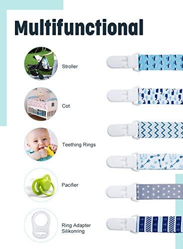 Cinta para chupete de bebé con anillo de silicona para chupete, clip azul para babero, pañuelo triangular, tetina, adaptador para chupete para niños y niñas de Future Founder. Cinta para chupete de bebé con anillo de silicona para chupete, clip azul para babero, pañuelo triangular, tetina, adaptador para chupete para niños y niñas de Future Founder.