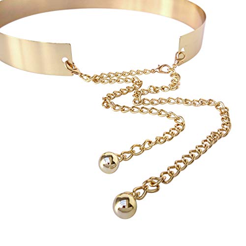 Cinturón de cintura de metal para mujer Espejo ancho Oro Dorado Plata Plateado Cadena llena Cadenas de pretina (3.5cm, Dorado)