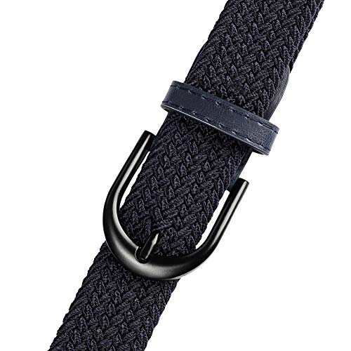 Cinturón Elástico Trenzado con Bordado Extensible, Hebilla Metálica Negra Ovalada y Terminaciones en Cuero para Hombre / Mujer / Niños (Azul marino, X-Pequeño 61 cm-66 cm (81 cm de longitud))