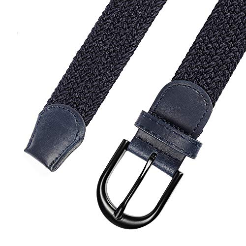 Cinturón Elástico Trenzado con Bordado Extensible, Hebilla Metálica Negra Ovalada y Terminaciones en Cuero para Hombre / Mujer / Niños (Azul marino, X-Pequeño 61 cm-66 cm (81 cm de longitud))