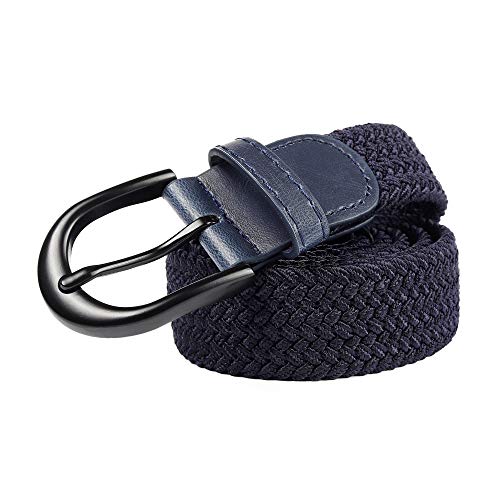 Cinturón Elástico Trenzado con Bordado Extensible, Hebilla Metálica Negra Ovalada y Terminaciones en Cuero para Hombre / Mujer / Niños (Azul marino, X-Pequeño 61 cm-66 cm (81 cm de longitud))