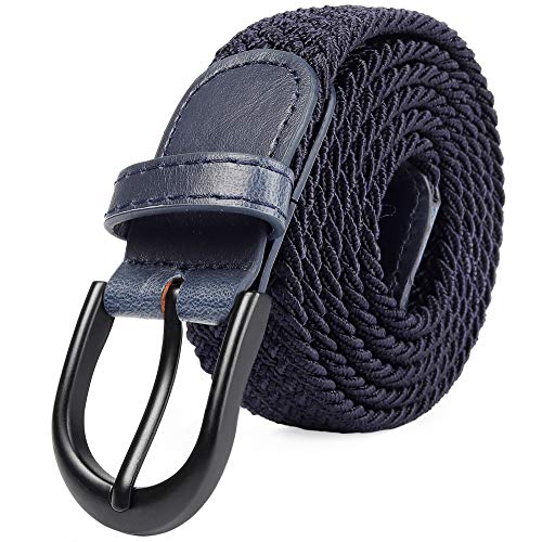 Cinturón Elástico Trenzado con Bordado Extensible, Hebilla Metálica Negra Ovalada y Terminaciones en Cuero para Hombre / Mujer / Niños (Azul marino, X-Pequeño 61 cm-66 cm (81 cm de longitud))