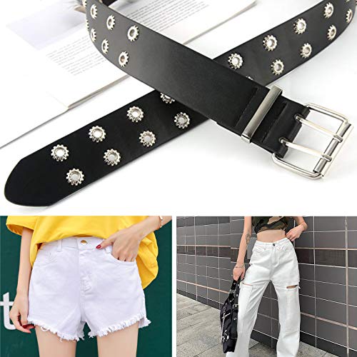 Cinturones Doble Ojal Correa Cuero Unisex Decorativo Informal Doble Agujero Cinturón Liso con Hebilla Anilla Correa Cintura Hueco Remaches Cinturón con Cadena Metal Hip Hop Hebilla para Mujer, Negro